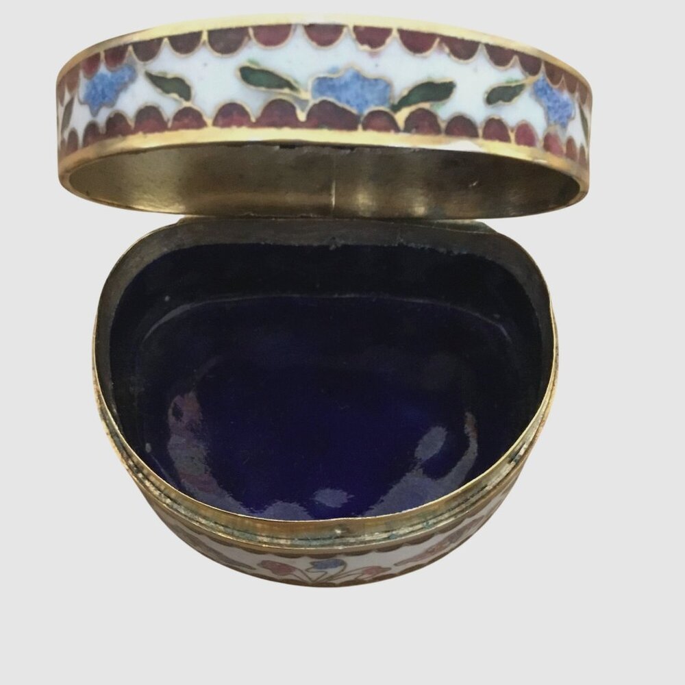 VTG Cobalt Blue Cloisonné Enamel Brass Trinket Box Floral Oval Hinged Jewelry 2"